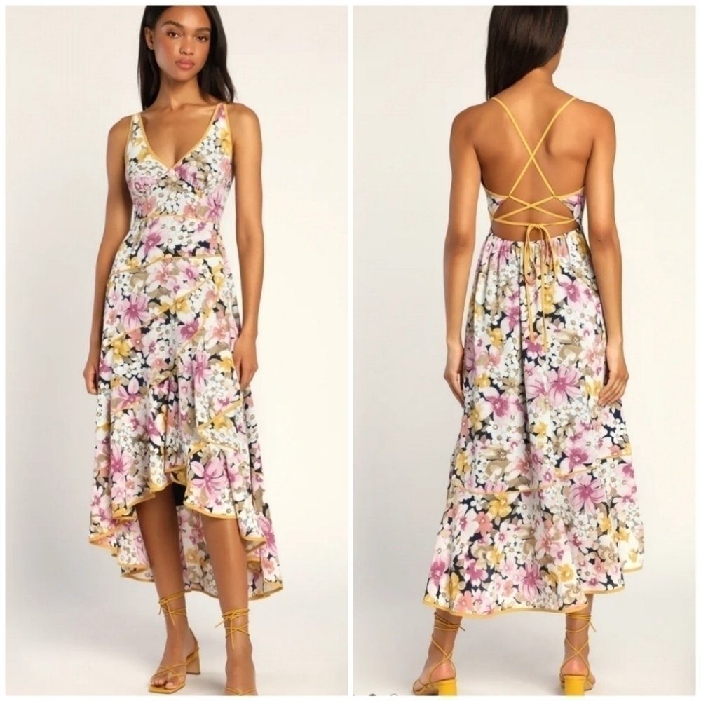 Lulus Sweeping Elegance Navy Multi Floral Lace-Up High Low Dress Open Back Small